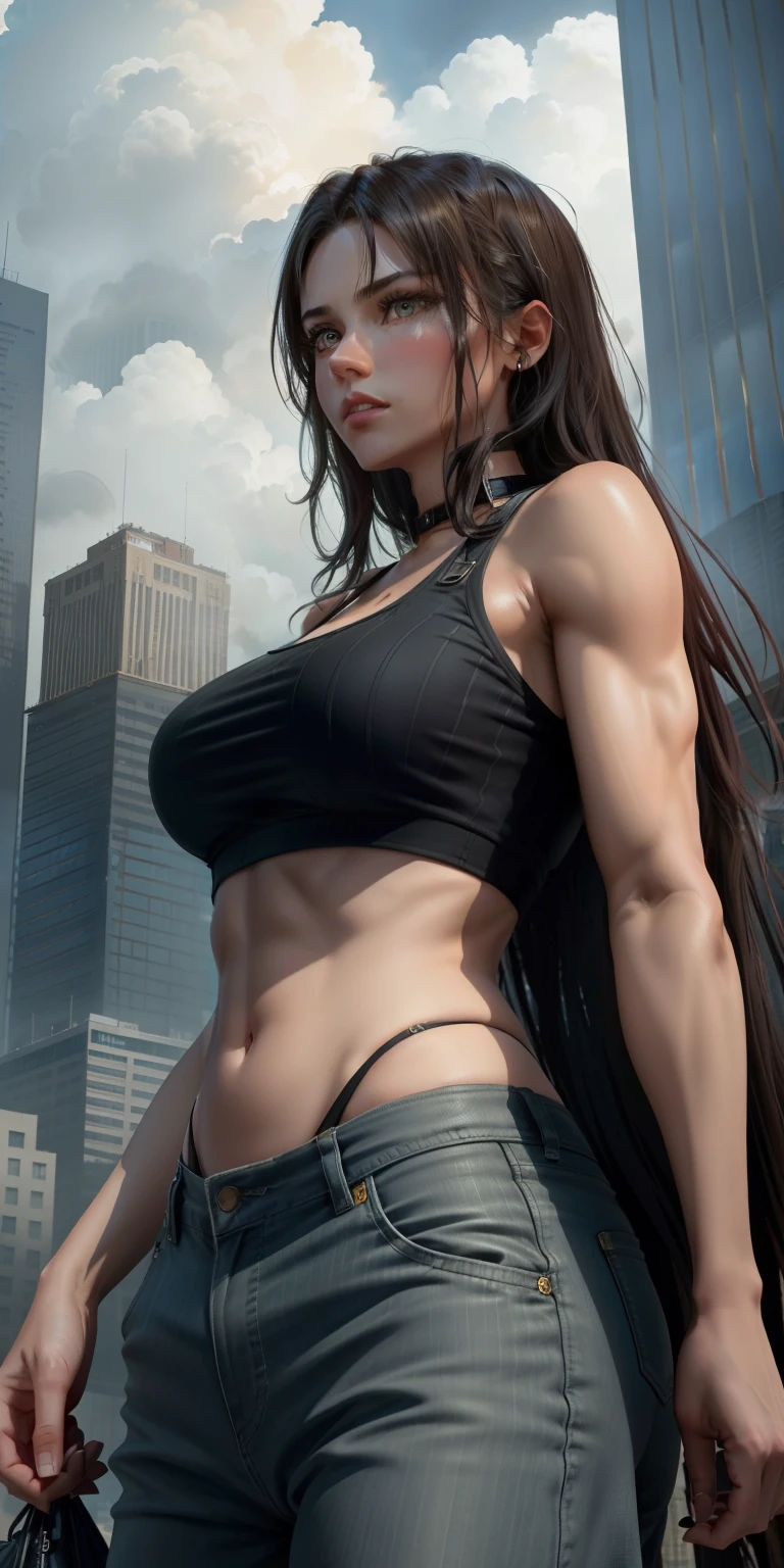 "A towering Giantess in a cool and laid-back hippie style is rocking a crop top and baggy pants. Her toned and athletic build hints at her massive strength. She seems to be casually strolling through the bustling cityscape of GTS City, as towering buildings loom overhead. Smoke and clouds roil around her, adding to the sense of epic scale and drama. The lighting is dark, gloomy, and realistic, creating a tense and ominous atmosphere. The perspective is from below, emphasizing the sheer majesty and power of the Giantess."