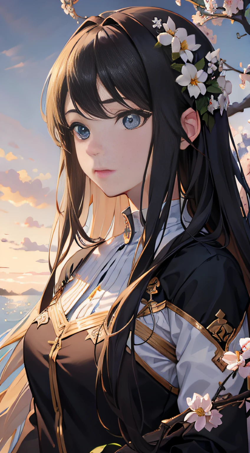 Create a hyper realistic masterpiece with the best quality featuring a girl with long flowing hair against a background of beautiful flowers. Ensure the image is highly detailed and in stunning 8k resolution with perfect lighting