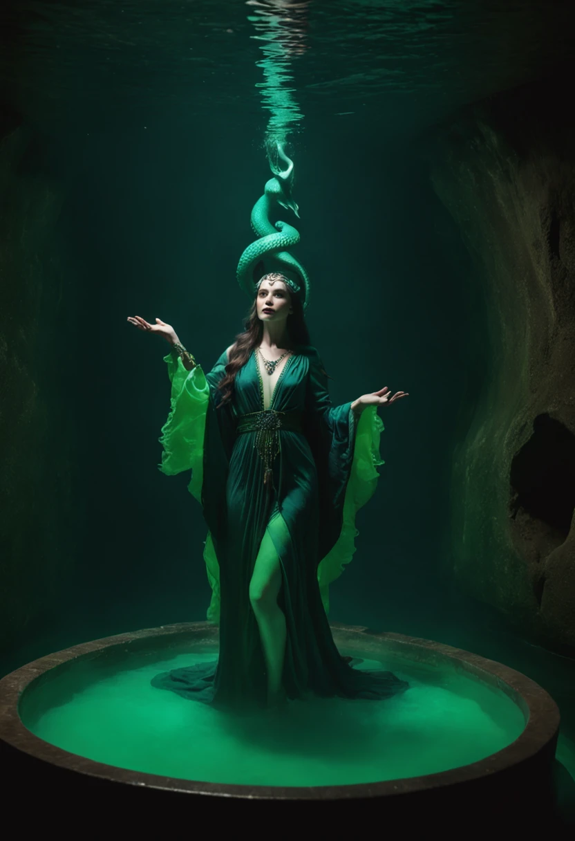 full length RAW photo, Circe, the sorceress, in a cave, standing in a pool of luminescent green water underneath a sea serpent lurks, her arms are raised in front of her holding a large shallow bowl of potion tipping luminous green liquid into the water, her head is lowered but looking up, dark flowing hair, glowing pale white skin, a slim sensual body, shoulders bare, wearing a long flowing robe of dark blue with peacock feather pattern, ccurate face, high quality, detailed facial features, accurate hands, magic is all around, dark brooding atmosphere, j w waterhouse, pre-raphaelite,