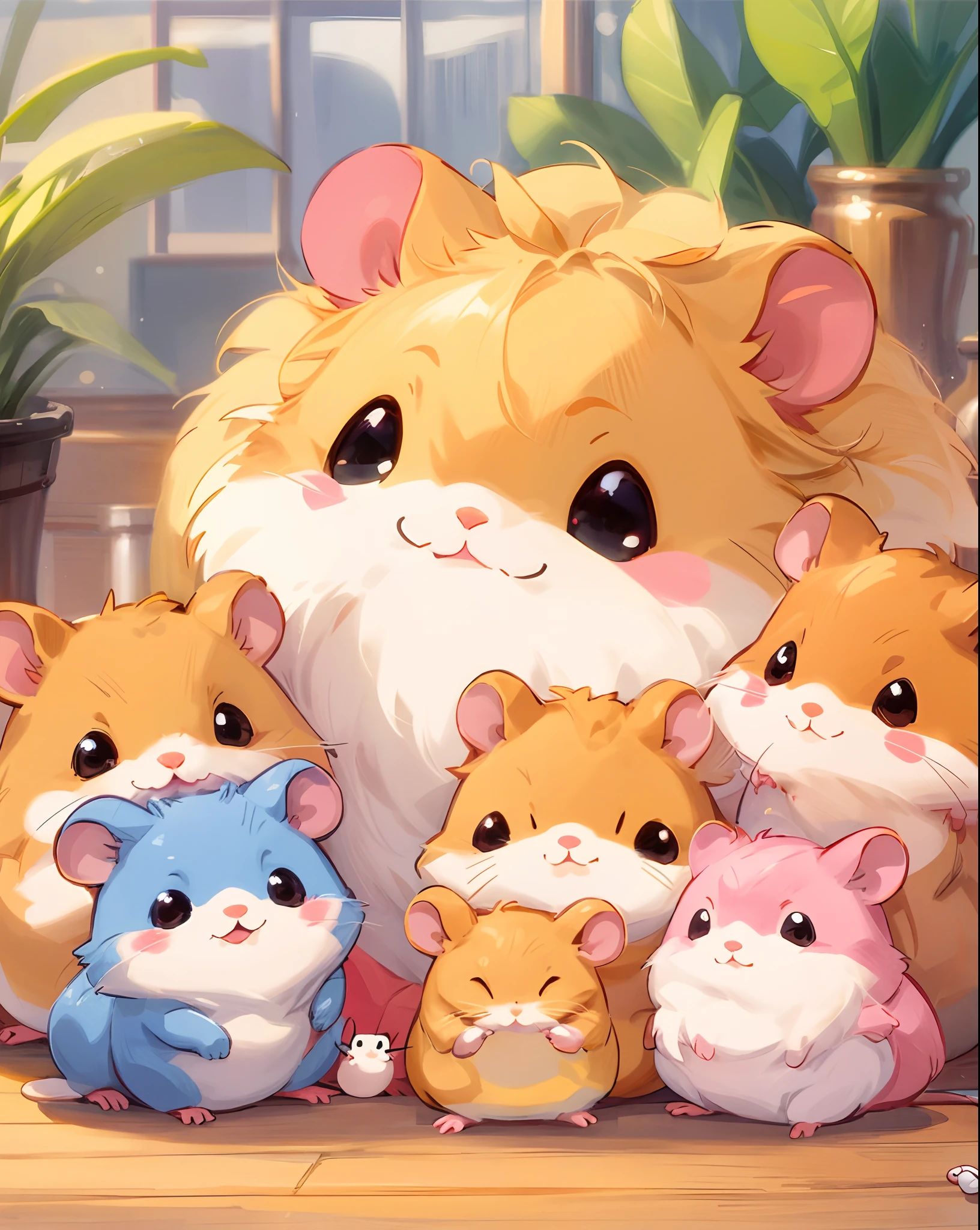 there are a lot small of hamsters that are sitting together with their mother hamster, cuteness overload, hamsters, cute mouse pokemon, hamster, cutecore, hamsters holding rifles, cute digital art, cute detailed digital art, maplestory mouse, cute artwork, cute creatures, cute anime, 4 k manga wallpaper, fluffy!!!, adorable digital painting, cute art style, cute detailed artwork, desktop background