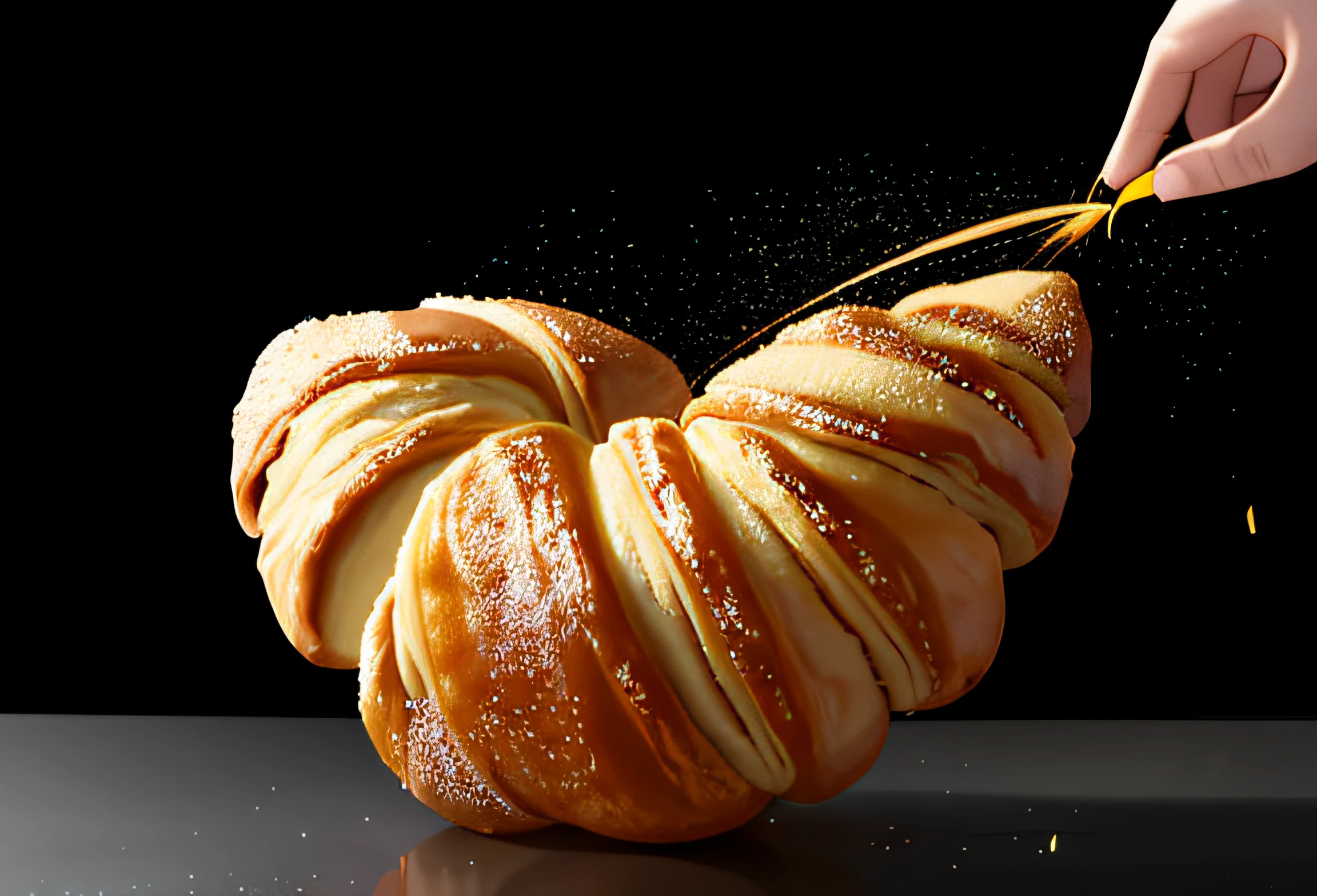 Alawi croissants,Take a bite, Slow - Mo high-speed photography, high speed photography, patisserie, hyper realistic rendering, hyperreal rendering