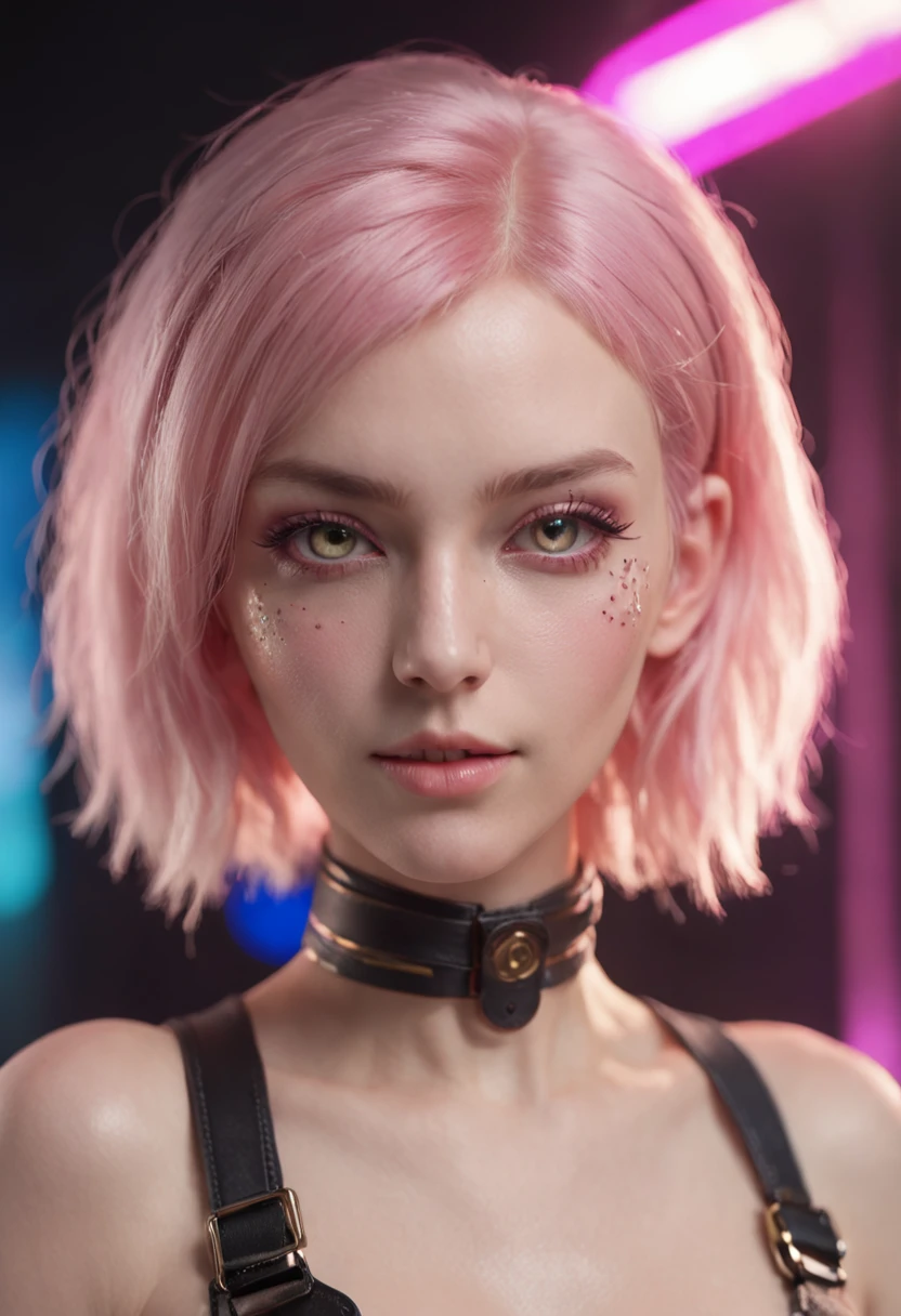 RAW photograph, masterpiece, photorealistic, full length photograph of a beautiful young cyberpunk woman, beautiful eyes, short pink colored hair in expressive style, high quality facial features, accurate facial features, pale glowing skin, topless, erotic black cyberpunk clothes, neon background (bokeh:1.2) (best quality) glowing golden skin (detailed skin:1.3) (intricate details) (8k) (HDR) (cinematic lighting) (sharp focus), erotic, rgb led, rave, V0id3nergy,