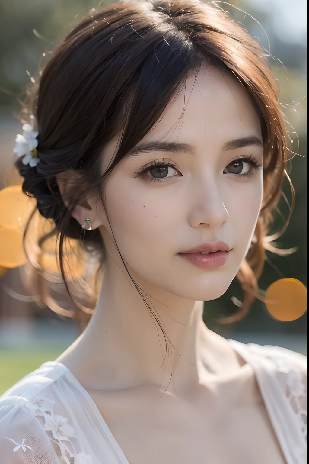 (8K, Raw photo, Photorealistic:1.25) ,( No eyelashes,Lip gloss,Glossy finish, Glossy skin, Best Quality, 超A high resolution, chromatic abberation, Caustics, Wide light, Natural Shadow) look with serenity and goddess-like bliss to the spectators,(depth of fields:1.6), (colorful unfocused lights on background:1.2) ,very natural make-up,Shot on a cloudy day . Slender eyes.Downcast eyes. The distant look in her eyes,55 years old.Wearing a gorgeous summer dress