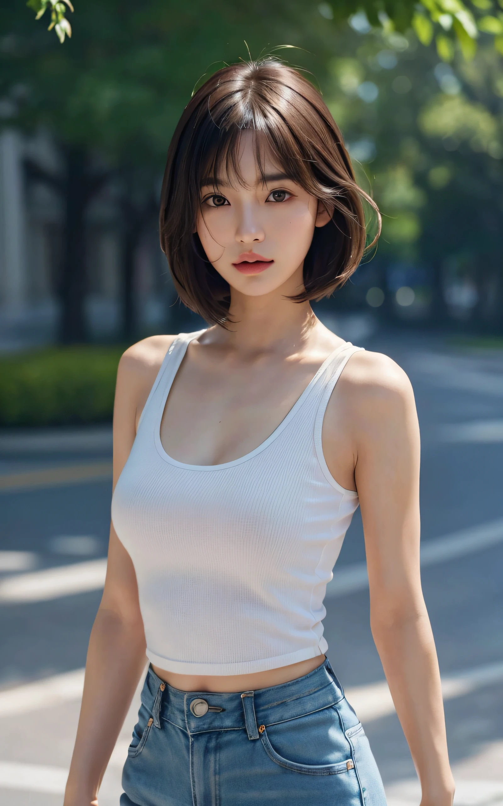 Masterpiece, best picture quality, high quality, beautiful Japanese girl, cute, gravure idol figure, detailed, detailed eyes, detailed skin, beautiful skin, ultra high resolution, (reality: 1.4),very beautiful, slightly younger face, beautiful skin, slender, (ultra realistic), (highresolution), (8K), (very detailed) (beautifully detailed eyes), (super detailed), (wallpaper), (detailed face), looking at viewer, fine details, detailed face, Sad, sexy, Tank top, pants, looking straight ahead, looking straight ahead, angle from waist up, realistic photo, bright lighting, professional lighting, mature woman, (Brown hair, bob hair, layer cut, swaying in the wind, Bangs),
