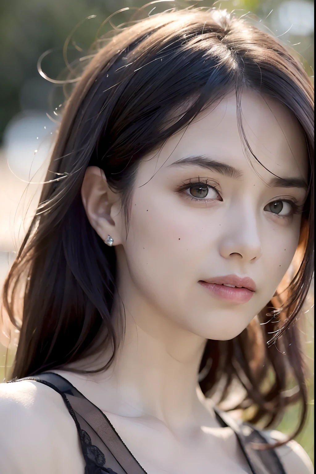 (8K, Raw photo, Photorealistic:1.25) ,( No eyelashes,Lip gloss,Glossy finish, Glossy skin, Best Quality, 超A high resolution, chromatic abberation, Caustics, Wide light, Natural Shadow) look with serenity and goddess-like bliss to the spectators,(depth of fields:1.6), (colorful unfocused lights on background:1.2) ,very natural make-up,Shot on a cloudy day . Slender eyes.Downcast eyes. The distant look in her eyes,55 years old.Wearing a gorgeous summer dress