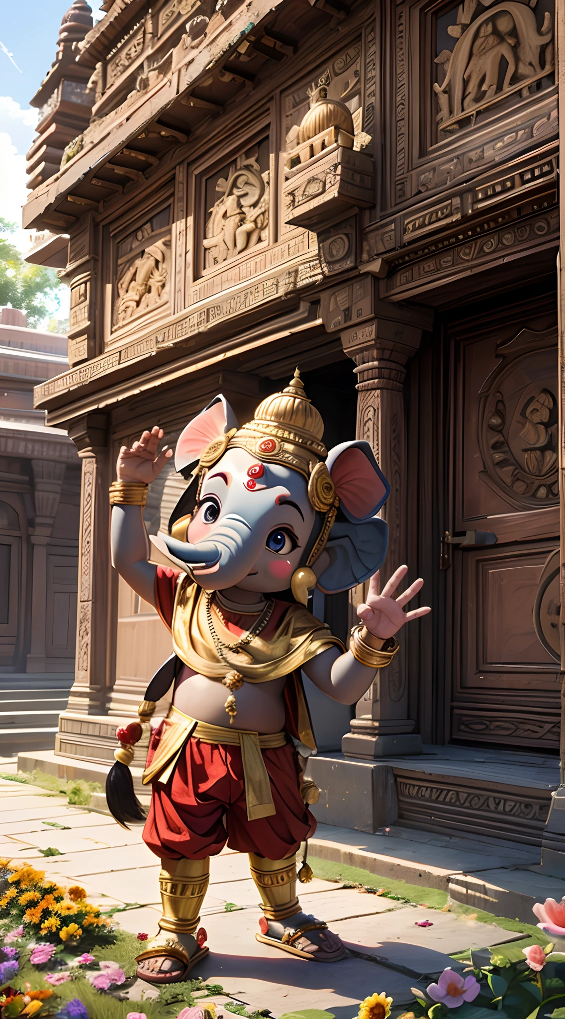 Cute ganesha elephant  boy, pop mart, golden armor, big eyes, character front view, waving moves, brown color palette, temple, india, chennai, surrounded by colorful flowers, on warm old temple background, sun, rich details, pixar, 3d,