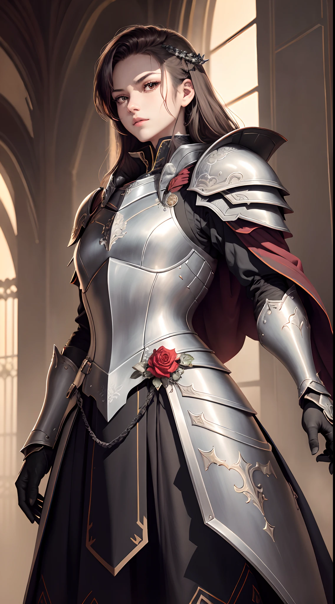 Original Character、Fantasy concept art、Volumetriclighting、best shadow、shallowdepthoffield、Portrait of a noble knight、dignified、Sophisticated tactical heavy armor、shelmet，Shoulder blades、Tassel waistband、Hand Guard、Poleyn、High quality armor texture，broad shoulder，extremely hyper。sword sheath，Stand up，arms folded，Gaze at the viewer，Dazzling sunlight，Rose garden，Rose thorn bush，（HighestQuali，astonishing detail：1.25），（独奏：1.3），Brilliant and colorful paintings