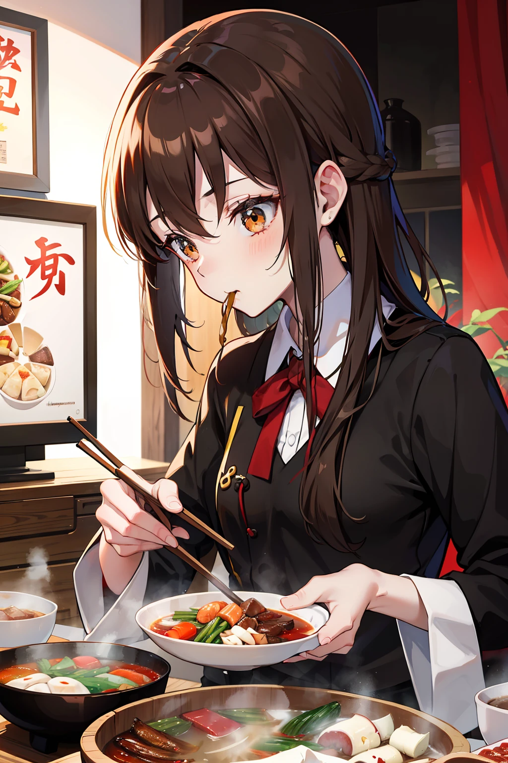 Kizi,Normal posture,dual horsetail,brown hair,Endearing,Eat hot pot,Cinematic