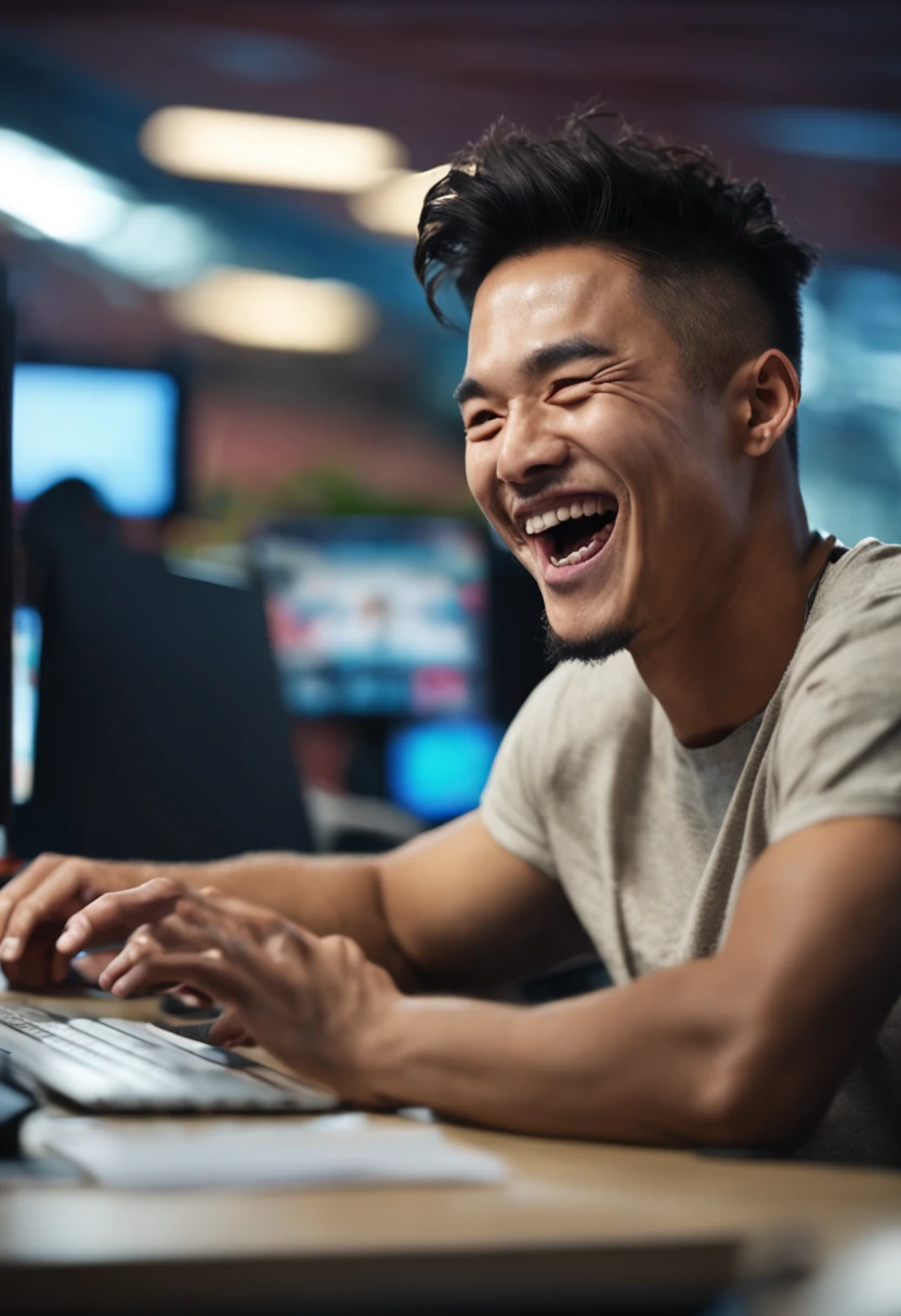 A cheerful young man (double eyelids, asian, man bun, musclular) in an office setting, laughing with colleagues but focused when looking at his computer screen.