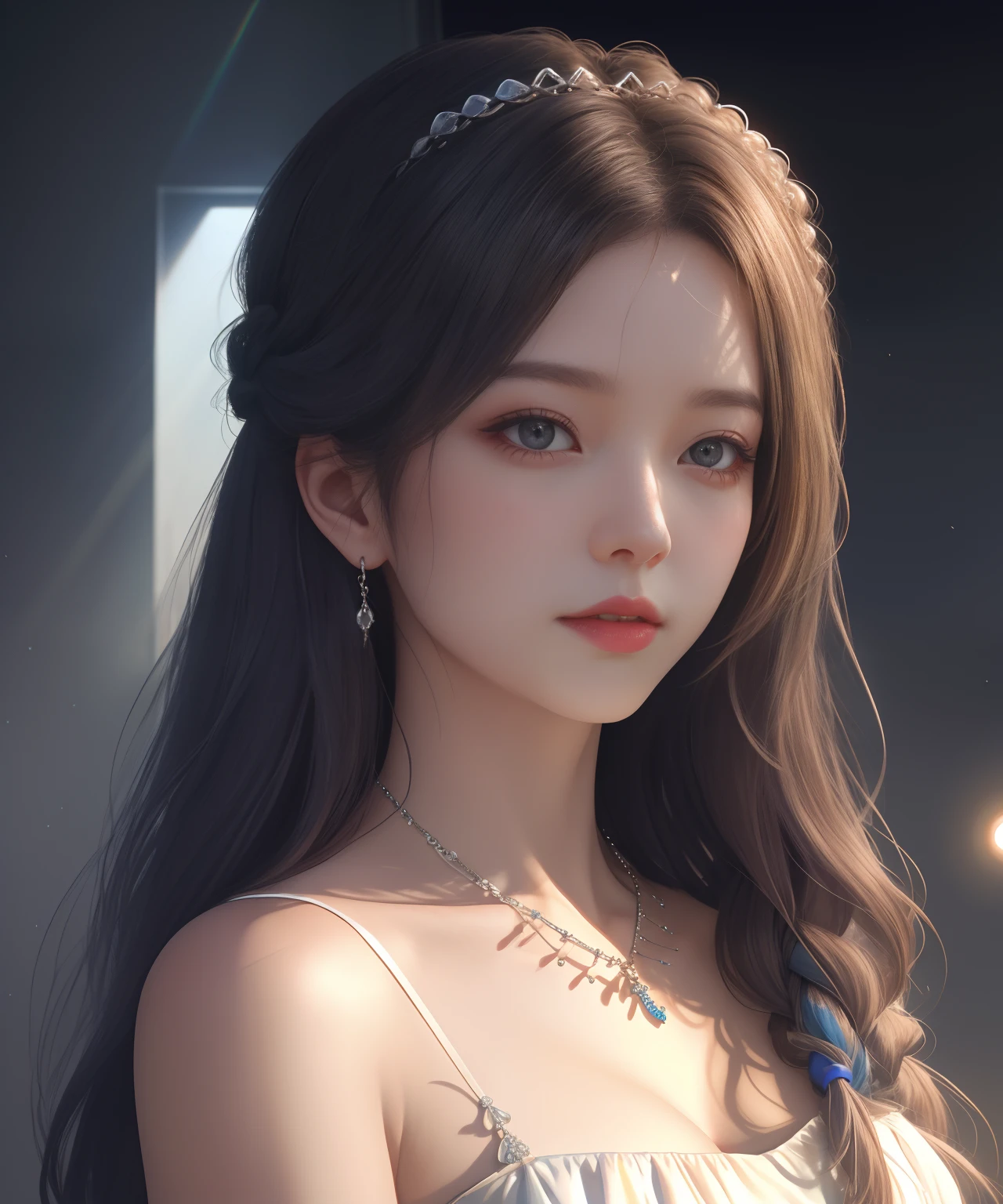 Best quality、tmasterpiece、A high resolution、1girl、Porcelain dress、Delicately braided hair,Fine hair accessories、Fine Necklace、detailed jewellery、pretty face、Physically、Tyndall effect、realisticlying、Shadow Studio、edge lit、bicolor lighting、(highdetailskin:1.2)、8k UHD、dslr、softlighting、high high quality、volumettic light、sneak shot、photore、A high resolution、4k、8k、The background is blurred out,