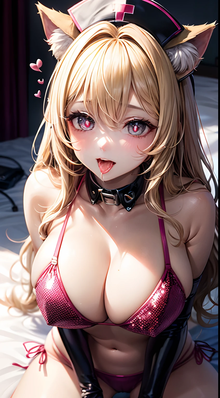 realisitic、top-quality、1girl in 、Cat's ears、Nurse Cap Blonde Hair、Wavy long hair ,Saliva,  orgasm, ((Heart shaped pupils))、Pink Sequin Bikini　、Black PVC gloves 、(Big breasts:1.2),all-fours