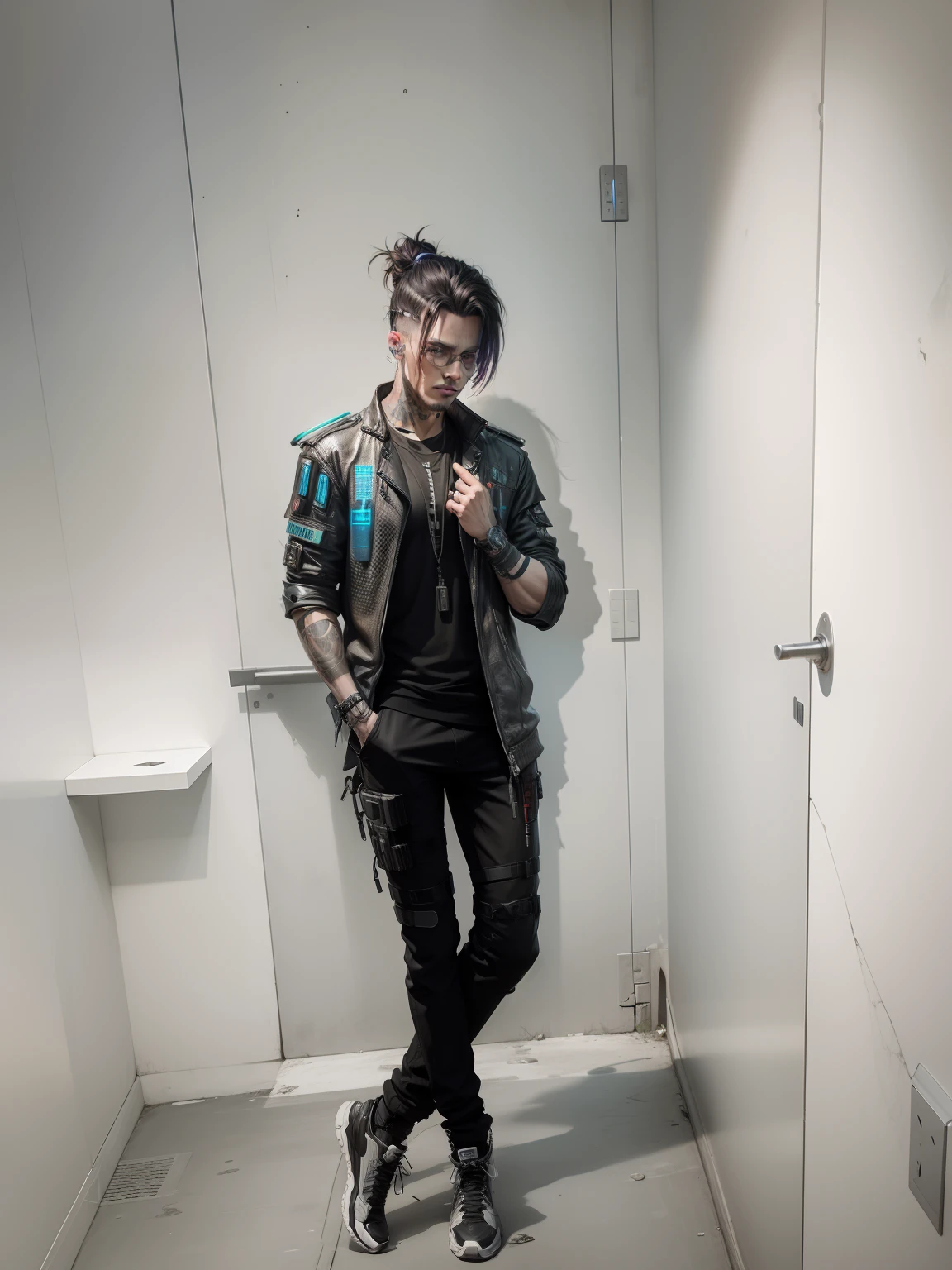 Cyberpunk look, male, realistic, ful hd, cyberpunk background