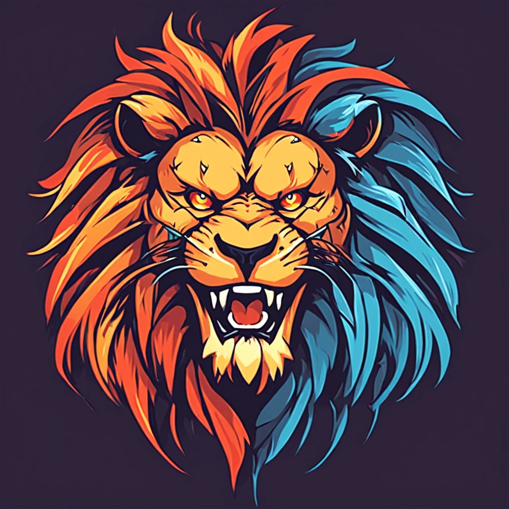 ::style vetor, vectorized logo of a fierce lion, logo em (((formato arredondado))), vivid colors, contornos e fundos brancos, chamas em volta do logo ::n_style fundo da imagem, deformations in the logo, cartoon, anime