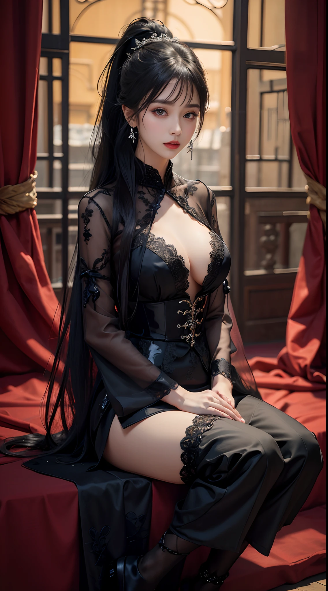 8K Ultra HD, Masterpiece, Best quality, A beautiful girl, Long hair, Impressive hairstyle, Royal hair accessories, Nice and cute face, Flawless face, Jewelry earrings, Antique jewelry, details eyes, Beautiful eyes, meticulous makeup, Thin eyebrows, Beautiful red lips, huge tit, Black mesh socks, Thin black silk shirt,With many black patterns, Black lace shirt, Long bangs and long platinum black ponytail, Realistic colors, Magic effects, ancient hanfu background, head straight-looking at viewer, Sitting, Full body capture,