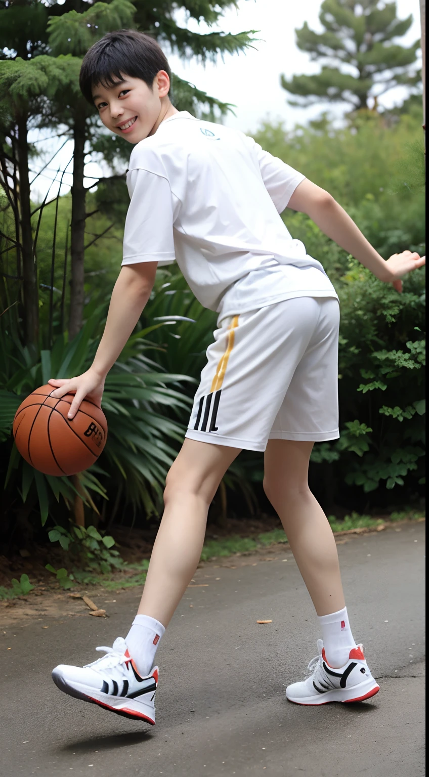 boy,short white pants,Walk,ln the forest,basketball ball,Adidas basketball shoes,Spread your white and slender legs,Smile back,Back shadow