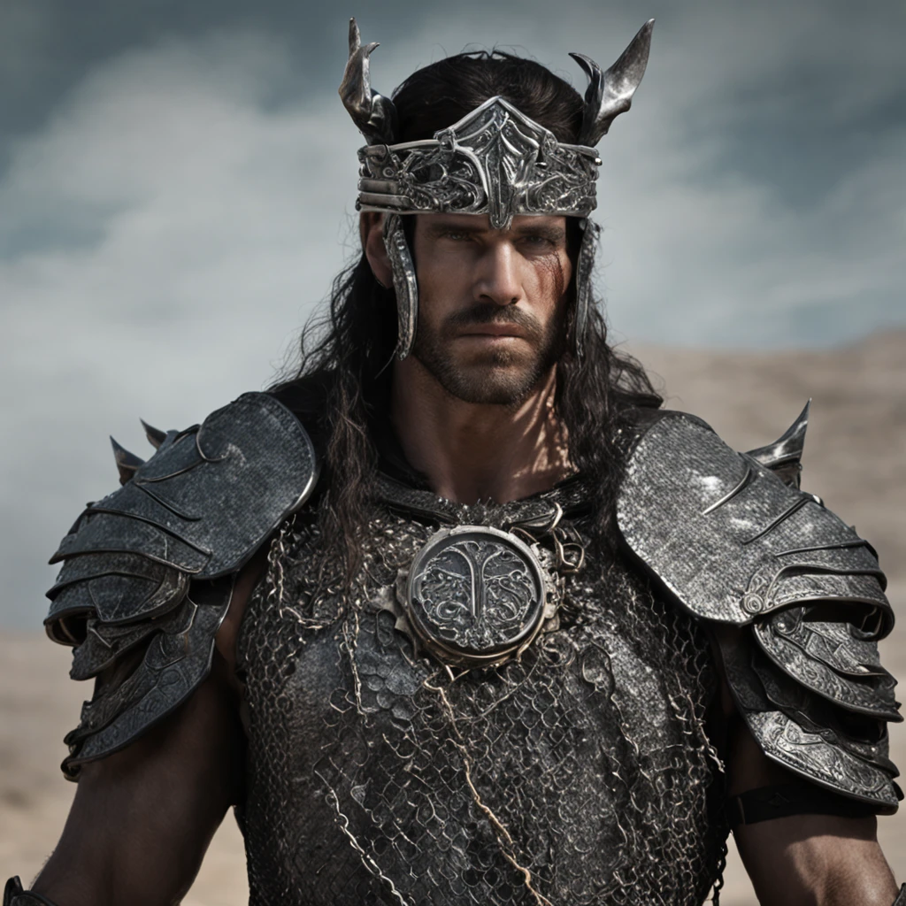 This usurper stands tall, his muscular frame a testament to years of rigorous training and battles won. His weathered face is framed by a mane of wild, dark hair that cascades down his broad shoulders. Piercing blue eyes exude an aura of intensity and authority, capable of striking fear into the hearts of his enemies. Clad in intricately woven chainmail, he wields a mighty battle-axe, its gleaming blade reflecting his unwavering determination. With every step, the ground trembles beneath his sturdy boots, as he exudes an undeniable air of dominance and power.