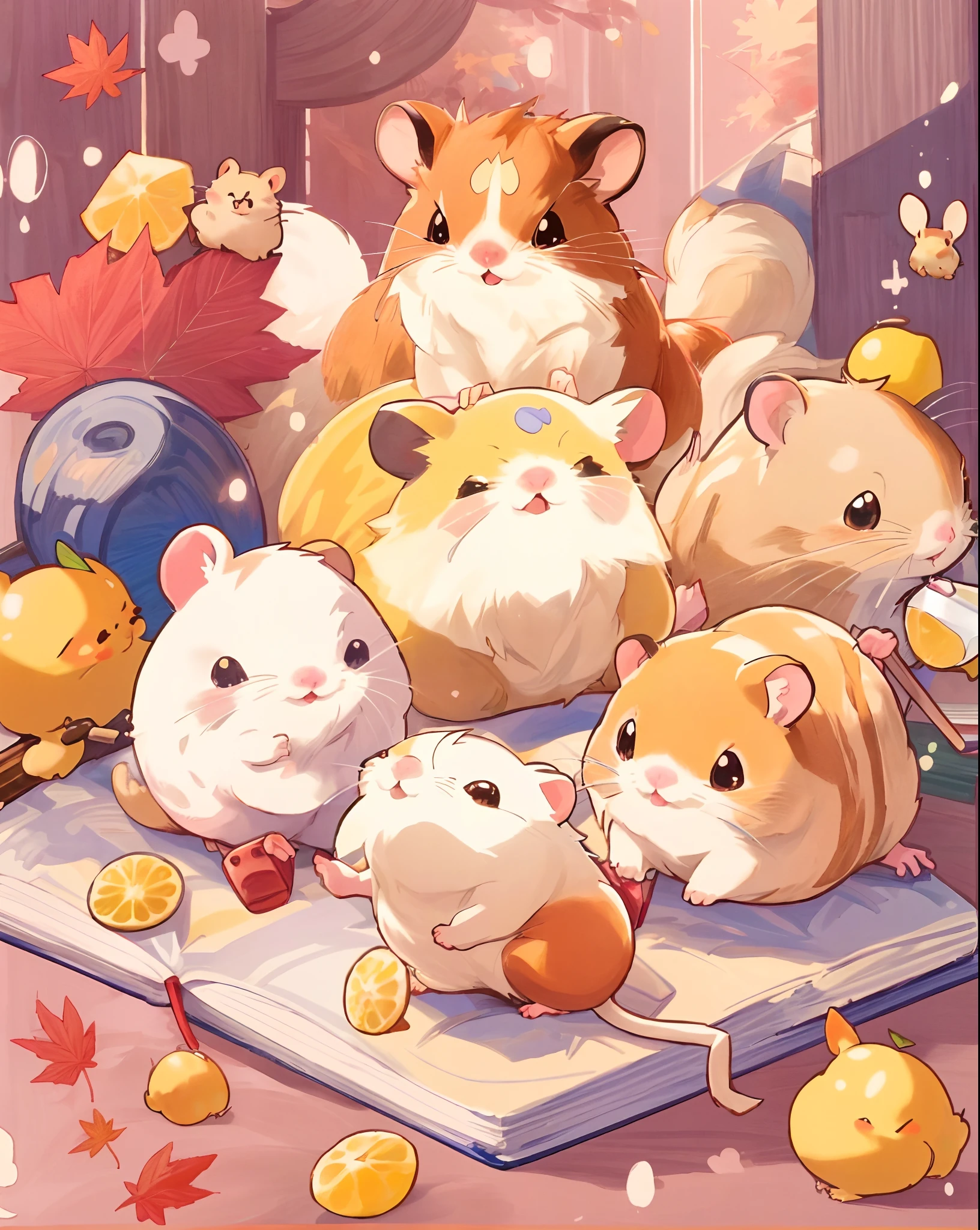 there are many hamsters that are sitting on a book, hamsters, 🐿🍸🍋, cute mouse pokemon, maplestory mouse, hamster, cute colorful adorable, cute artwork, cute art style, hamsters holding rifles, 🍁 cute, cute detailed artwork, 4 k manga wallpaper, cute detailed digital art, cutecore, cute digital art, high quality fanart