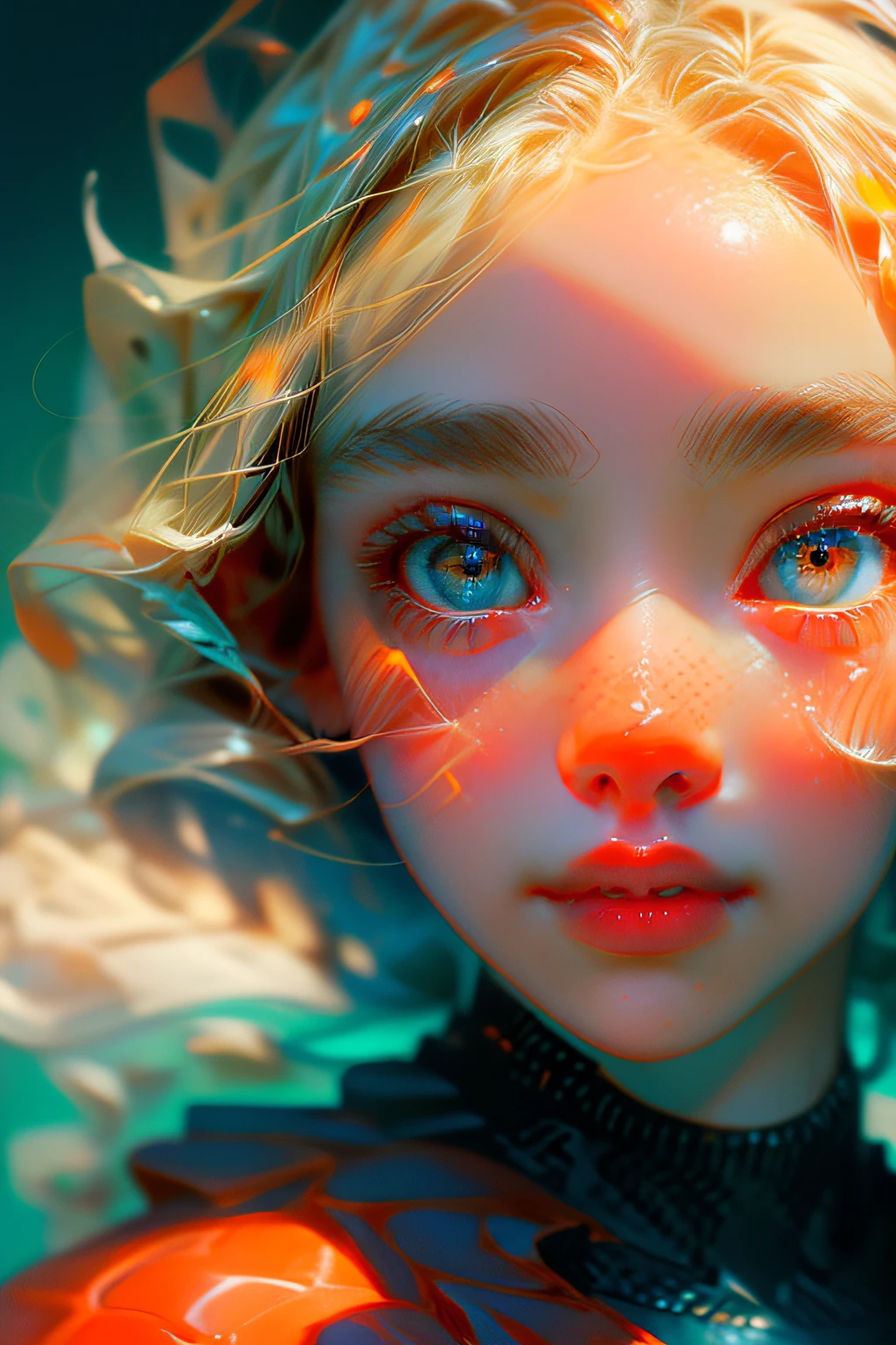 Super beautiful close-up of the eyes、(top-quality:1.6)、(tmasterpiece:1.4)、intricately details、(Cute gorgeous gorgeous 20 year old Korean girl:1.3)、(1girl in:1.3)、angelicales、agilawood、(cybernetic halo:1.3)、(Small head:1.4)、Ultra-realistic skin,very natural features、Focus on the face and eyes、Underwater、Bubbles under water、Redfish in the water、blue backdrop