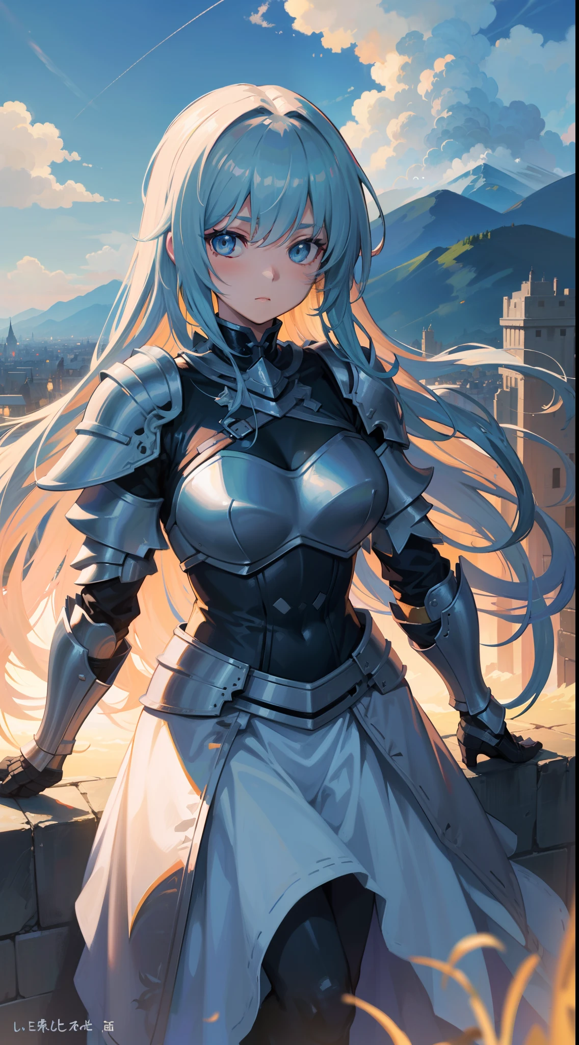 Clouds， view over city， mountain ranges，Original Character、Fantasy concept art、Volumetriclighting、best shadow、Portrait of a noble knight、dignified、Sophisticated tactical heavy armor、shelmet，Shoulder blades、Tassel waistband、Hand Guard、Poleyn、High quality armor texture，broad shoulder，extremely hyper。sword sheath，Stand up，arms folded，Gaze at the viewer，Dazzling sunlight，（HighestQuali，astonishing detail：1.25），（solo：1.3），Brilliant and colorful paintings