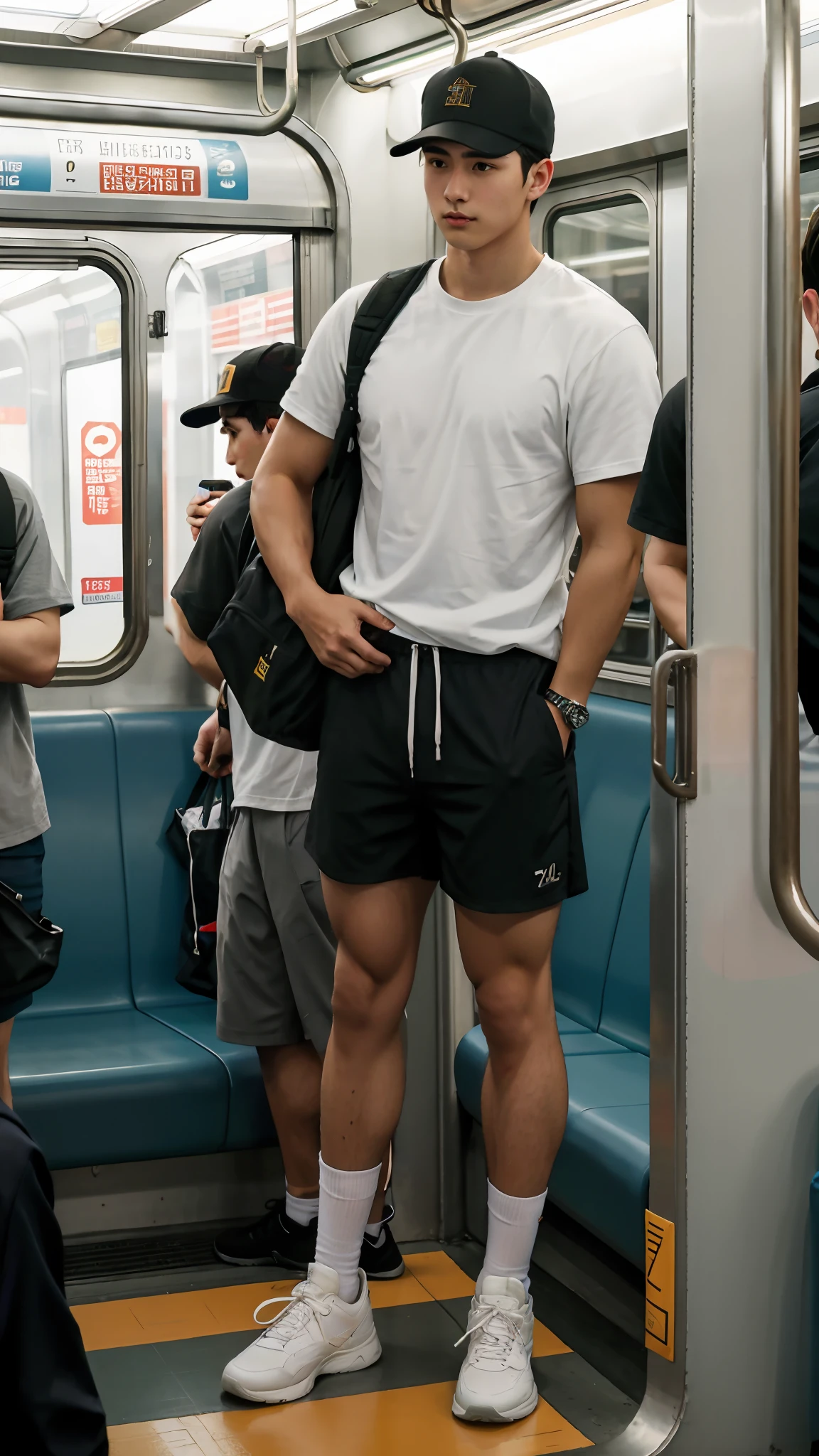 Nude athletic man with convex butts standing in subway car, rear view, 