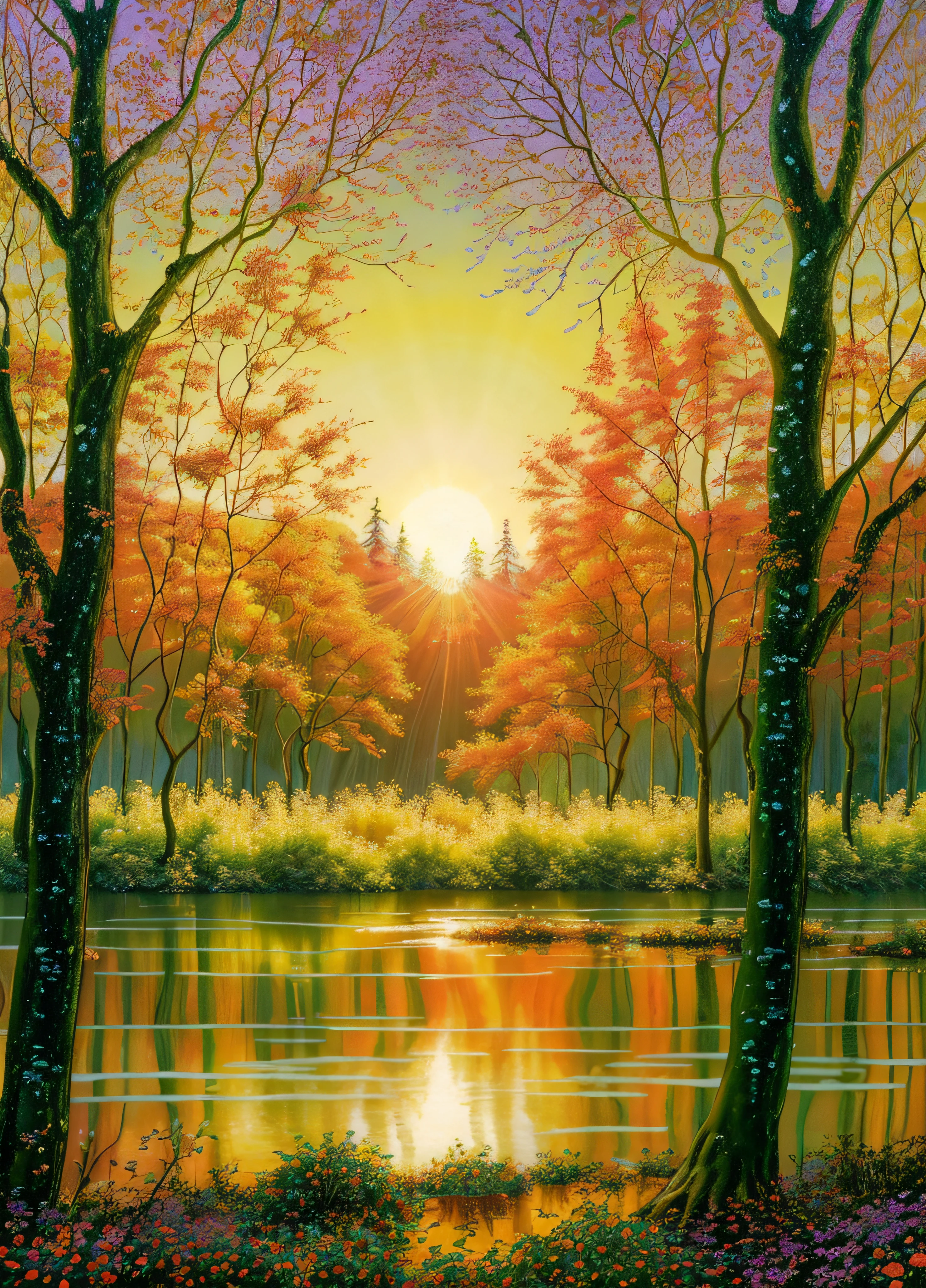 painting of a sunset in a forest with a lake and trees, cena quente e bonita, Nascer do Sol do Outono Luz Quente, pintura digital bonita, autumn sunset, pintura digital impressionante, floresta com lago, bela arte digital, paisagem lindamente iluminada, lindo pintura digital, Beautiful digital illustration, Lago na floresta, arte de fundo, paisagem da floresta da fantasia, Arte bonita UHD 4K, bela cena detalhada