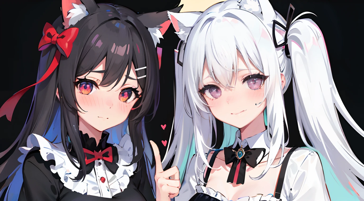 black hair, white hair, hair ornament, hairpin, cat ears, heart-shaped pupils, smile, blush, shy, ear blush, heart in eye, ahegao, torogao, tsundere, naughty face, excited, nose blush, expressionless eyes, full-face blush, facepalm, Surrealism, high detail, anime, 8k, super detail, UHD, ccurate, highres