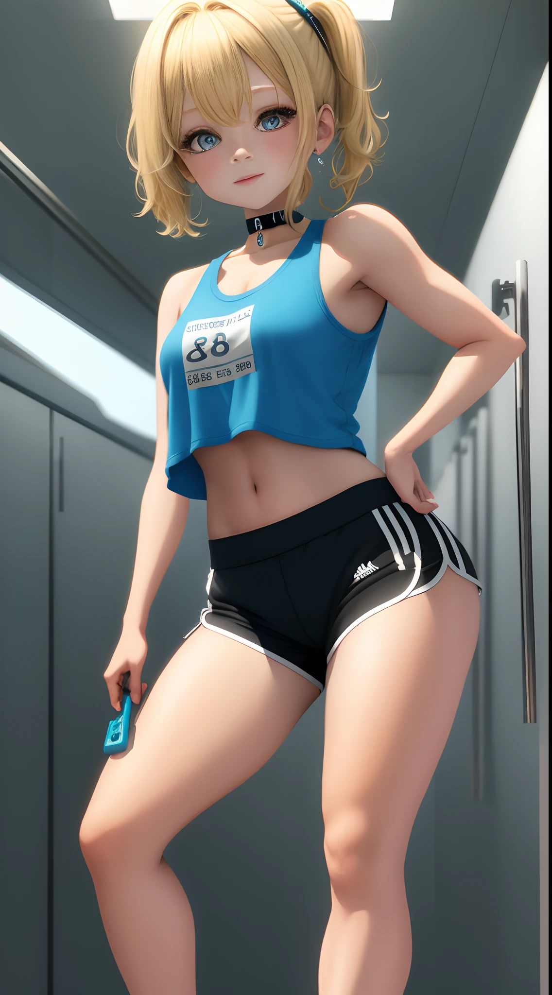 Loli, very detailed, 8k, blonde hair, 1 woman 30 years old, bubble top, short top, gym shorts, choker
