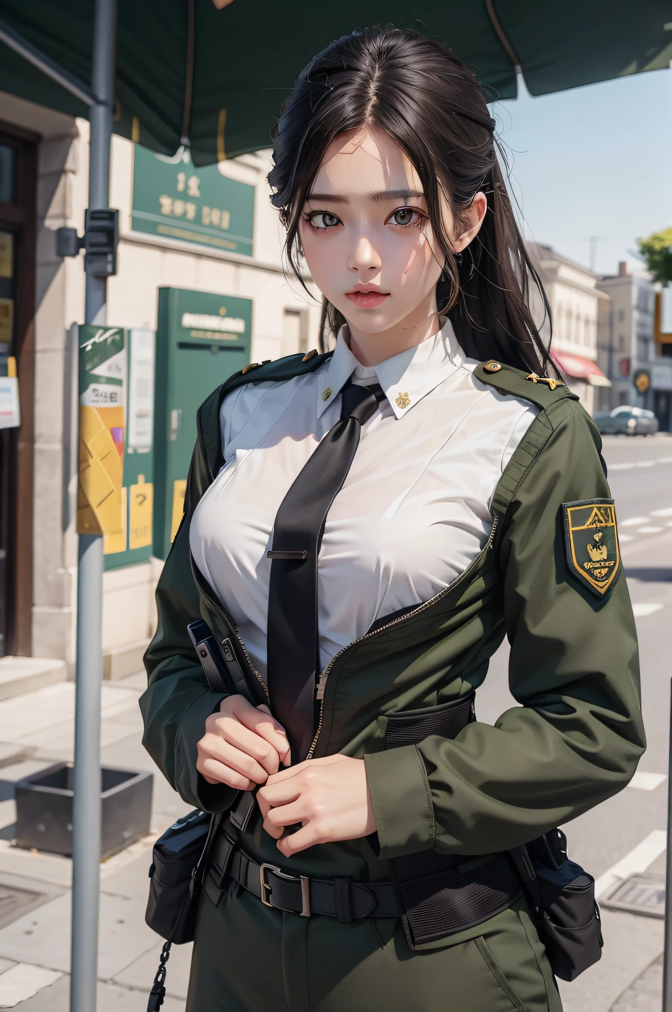 Very detailed CG unity 8K wallpaper，（tmasterpiece），（best qualtiy），（ultra - detailed），（Ultra photo realsisim），（best character detail：1.36），Nikon D750 f / 1.4 55mm，profesional lighting， physically-based renderingt, 1girll, Female soldier，army suit，Dark green military uniform，Fabric texture military uniform，（（（Headband with officer's hat））））（((Hanging a firearm：1.2)），Pure white lining，Dark green tie，Black hair，the golden ratio,[:(com rosto detalhado:1.2):0.2]:,PureErosFace_V1, broad shoulder,,(big assa:1.5)，Soaked with sweat，red flags，In the square，Splendid scenery，bright sun，upper body photos，Place your hands on your chest，（（（Fighting posture：1.8））），（（（Collar：1.2））），（（（Wearing a military cap：1.2）））,Perfectcomposition,