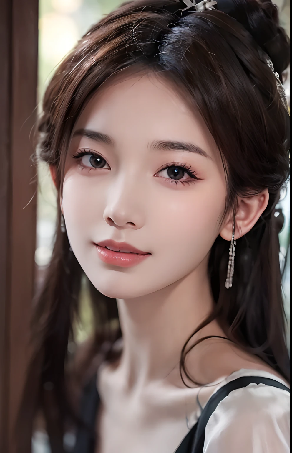 (Ultra Realistic), (Illustration), (Increased Resolution), (8K), (Extremely Detailed), (Best Illustration), (Beautiful and Detailed Eyes), (Best Quality), (Ultra Detailed), (Masterpiece ), ( wallpaper), (detailed face), solo, 1 girl, looking at viewer, fine details, detailed face, in the dark, deep shadows, low key, pureerosfaceace_v1, smiling, long hair, black shawl straight hair , 46 points oblique bangs
