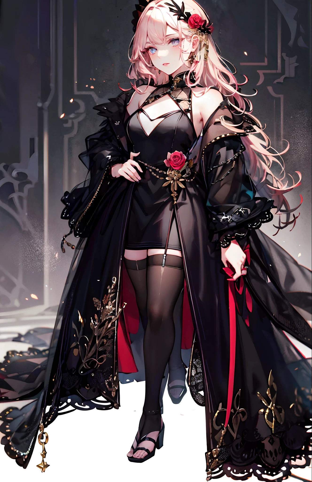 (Complete head:1.9++),meticulous portrayal of face,1 noblewoman,a matural female,Black pedal socks,Black dress long dress,(Black stockings beautiful legs+),heeled sandals,(Black stocking feet+),Pink White Long Hair,Prom background, Perfect body, s the perfect face, perfect hand, Perfect Finger, Perfect lips, perfect eyes, Perfect background