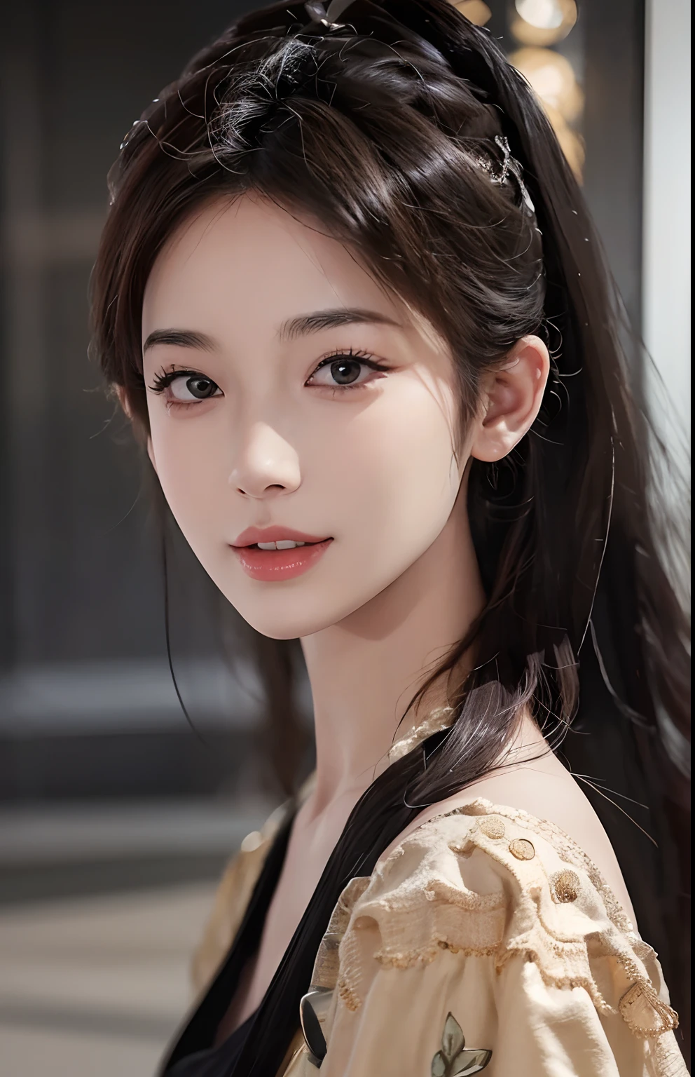 (Ultra Realistic), (Illustration), (Increased Resolution), (8K), (Extremely Detailed), (Best Illustration), (Beautiful and Detailed Eyes), (Best Quality), (Ultra Detailed), (Masterpiece ), ( wallpaper), (detailed face), solo, 1 girl, looking at viewer, fine details, detailed face, in the dark, deep shadows, low key, pureerosfaceace_v1, smiling, long hair, black shawl straight hair , 46 points oblique bangs