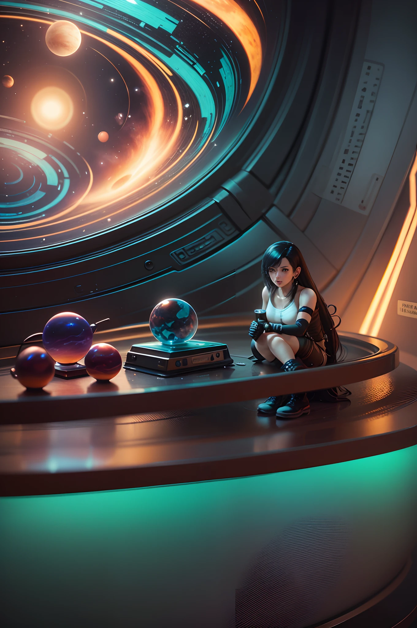 ((final fantasy 7 remake tifa)),(tifa),tifa in glass bottle,view close up aerith,a retro style miniature store in a glass container, in the style of neon-infused digitalism, kawaii art, michal karcz, chaotic forms, technological design, soft color blending, toy-like proportions,the bottle is flowing in space world,can see many planets at far view. --auto --s2