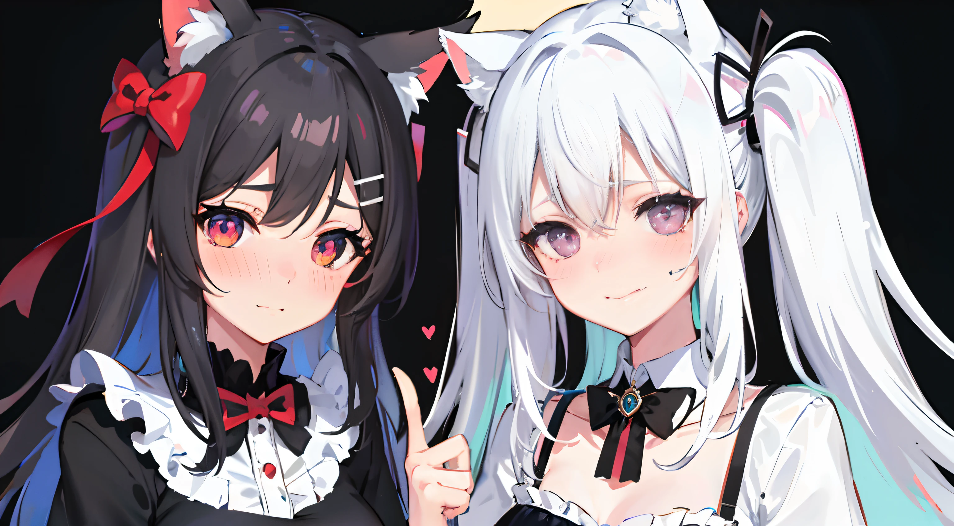 black hair, white hair, hair ornament, hairpin, cat ears, heart-shaped pupils, smile, blush, shy, ear blush, heart in eye, ahegao, torogao, tsundere, naughty face, excited, nose blush, expressionless eyes, full-face blush, facepalm, Surrealism, high detail, anime, 8k, super detail, UHD, ccurate, highres