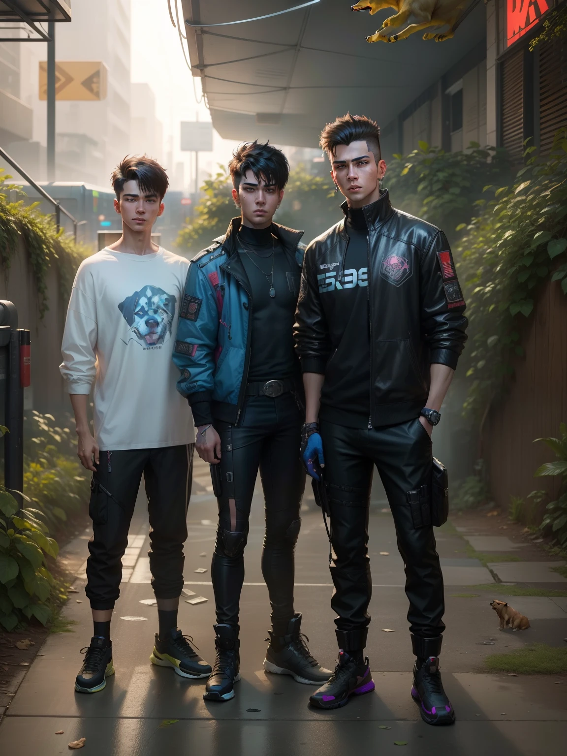 Change baground cyberpunk 17 years old handsome boys realistic face with dog . 8k