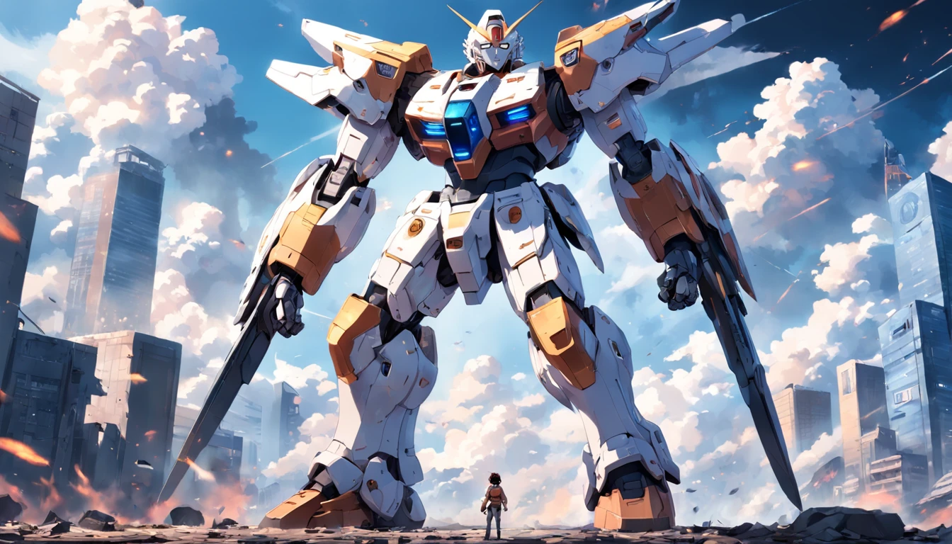 Gundam robots, Standing above the ruins of the city, Strong sense of picture space, with blue sky and white clouds, The driver stands on the robot's hand, star-shaped pupils, gradient eyes, cinematic lighting, 4K, best quality, 4K