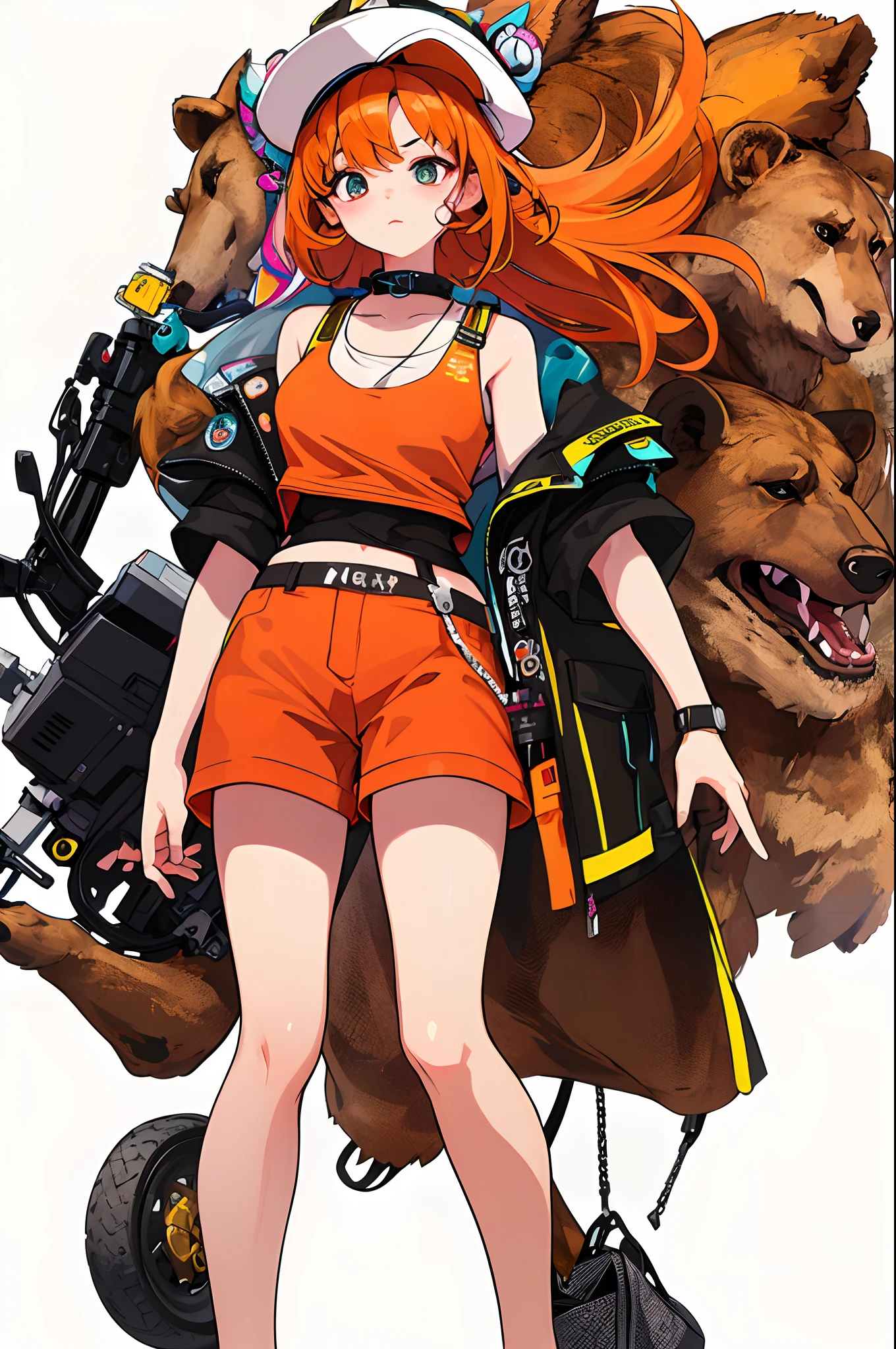 ​masterpiece, top-quality, Official art, 8k wallpaper, ighly detailed, illustratio, 1 girl in, Orange hair, shortpants、Tank tops, Bear motif on hat