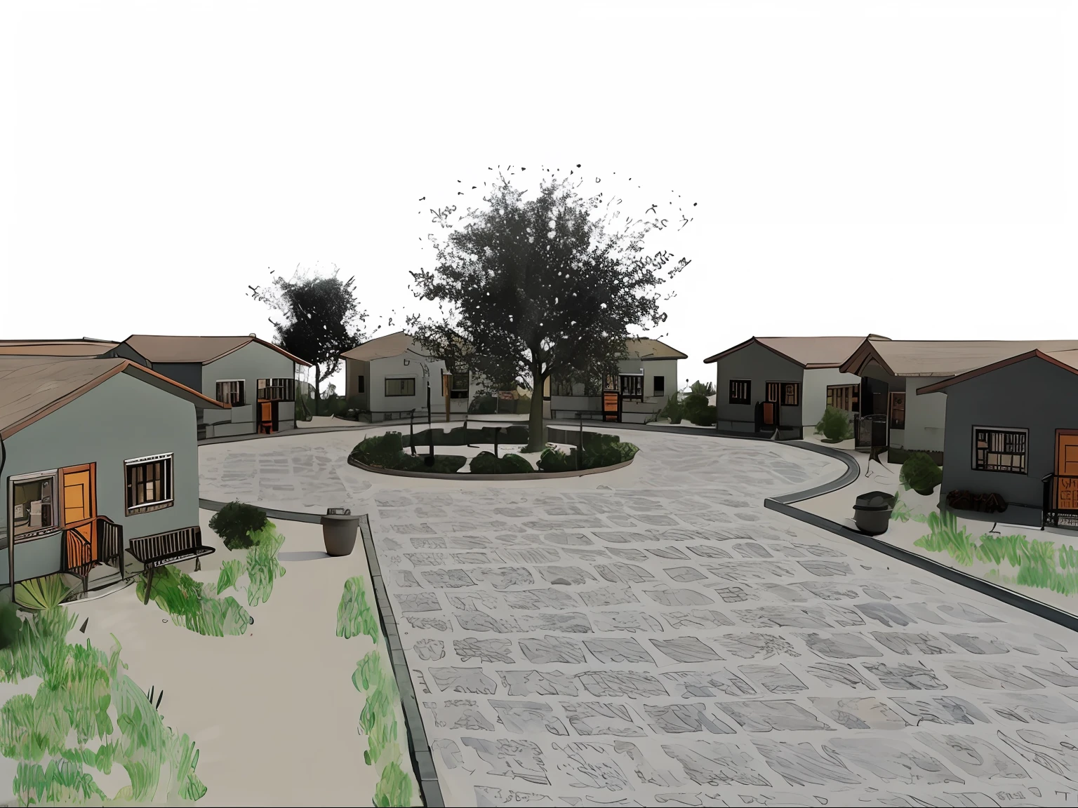 There is a rendering of a courtyard with a tree and a building, residential area, Barycentric subdivision, Watercolor illustration, pintura aquarela, pequena aldeia, casas pequenas, Village Square, Casas, Complex watercolor rendering, Complex watercolor rendering, imagem 3d, Arremesso longo, Model illustration drawing, conceptual rendering, Studio Ghibli style illustrations, Small buildings