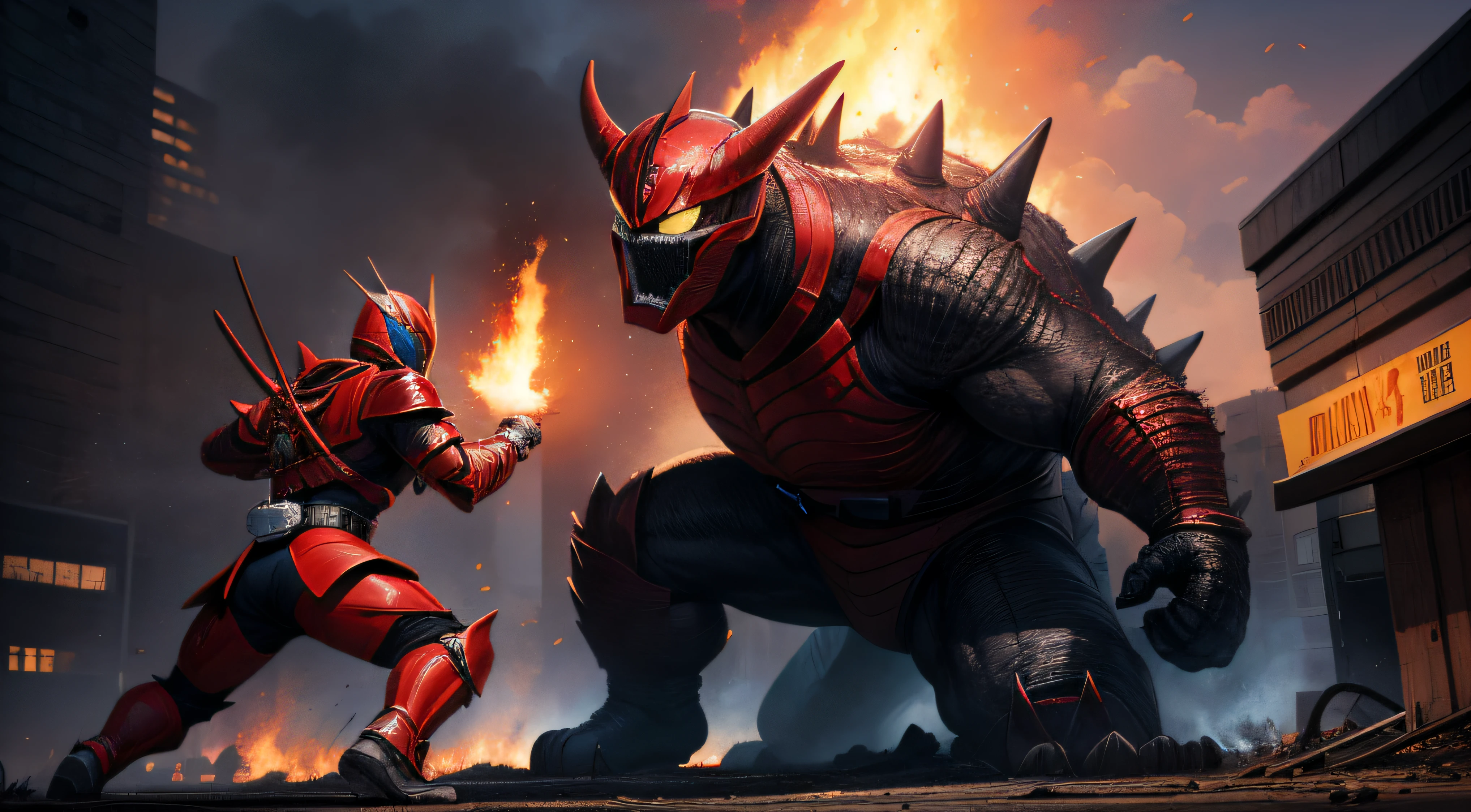 In mid-air there was a man wearing red armor，The fist slammed into the ground，There were twenty Godzillas waiting on the ground，There was a fire burning around，The urban environment has been destroyed，Kamen Rider style，high high quality，High picture quality，A high resolution，Hyper-realistic