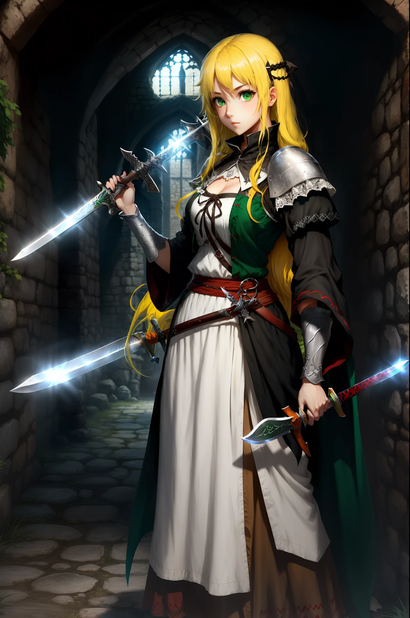 1girll,Yellow hair,Long hair,Black scaled hair,Green eyes,breakfast,Serra Kufo,Wear medieval clothes,Sword in hand
