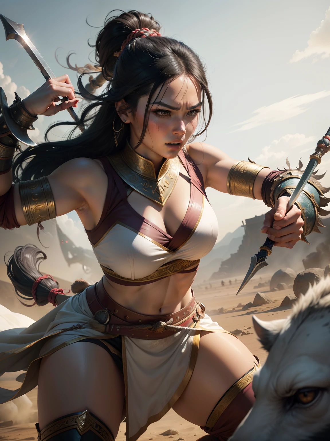 "Ancient warrior description: Provide a detailed depiction of a female ancient warrior wielding a majestic spear, engaged in combat with a fearsome, mythical tusked beast."