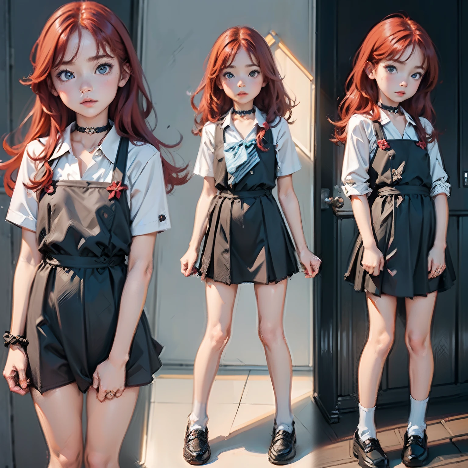 (masterpiece, 4k ,ultra detailed:1.2),(beautiful face:1.2),(anime:1.2),illustration,(solo:1.2),(looking at viewer:1.4),portrait,(supermodel:1.3),(blue school uniform:1.3),(red hair),13yo,(simple choker:1.1),(yellow panties),(string,abs,smartphone,child,small breasts,petite:1.1),(sfw,nipple,flat chest,un dress,:1.4),(from below),(full body:1.2),(flower hair ornament),(multi view:1.5)