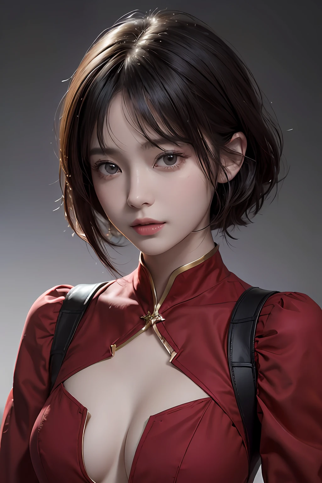 (masuter piece:1.3)、(8k、Photorealsitic、Live-action photography、top-quality: 1.4)、(1girl)、beautiful countenance、(lifelike face)、(A dark-haired、short-hair:1.3)、Beautiful hairstyle、realisticeyes、Beautiful details、（real looking skin）、Beautiful skins、（red clothing）、absurderes、enticing、超A high resolution、A hyper-realistic、high-detail、the golden ratio、（A little up）