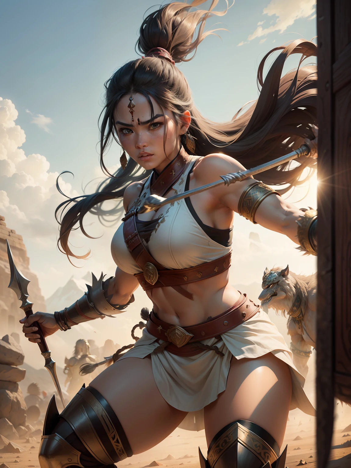 "Ancient warrior description: Provide a detailed depiction of a female ancient warrior wielding a majestic spear, engaged in combat with a fearsome, mythical tusked beast."