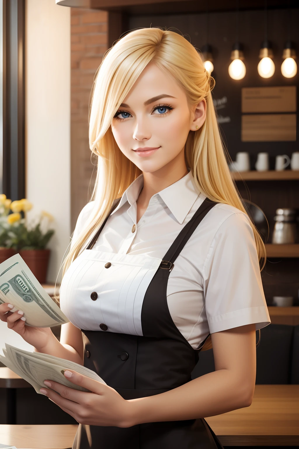 Coffee shop blonde waitress holding bills in hand