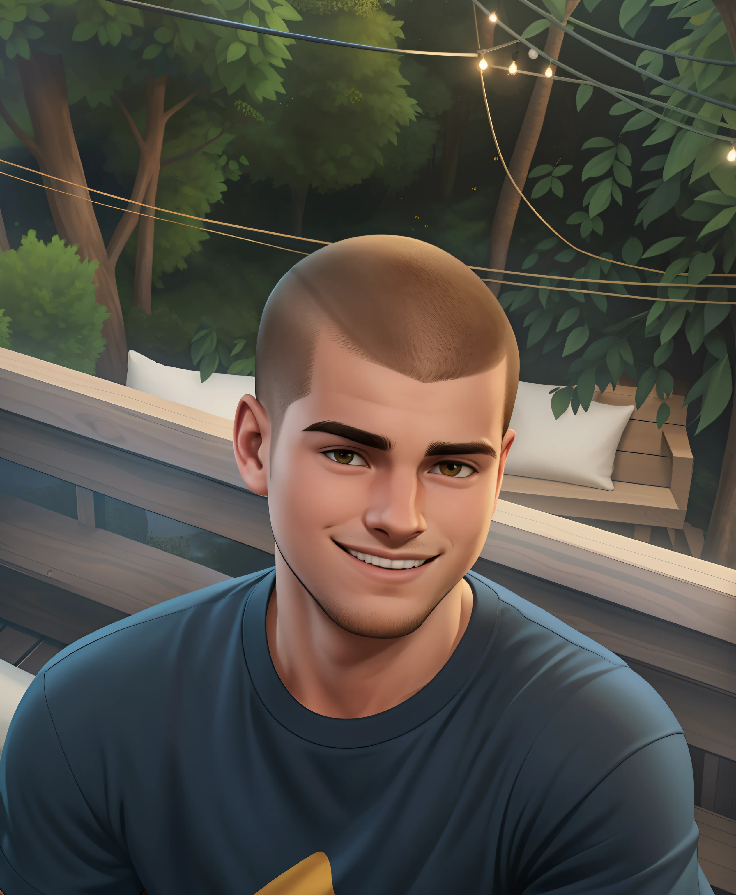 "Handsome young man with a round face and a light stubble, exuding a warm smile, dressed in a casual t-shirt, sitting on a peaceful deck overlooking a lush forest. He is 25 years old with a trendy buzzcut." HDR, realistic lighting, masterpiece, buzzcut:1.2, slight smile,