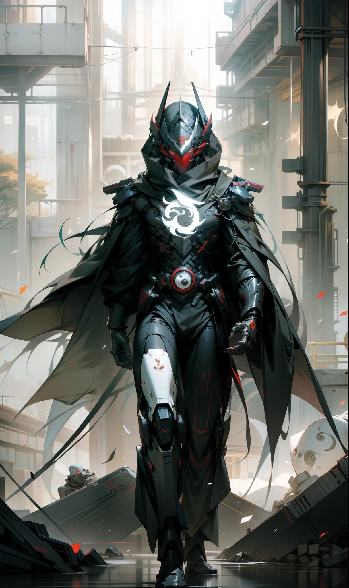 male people,Red mask,There is a dragon particle effect,Yin and Yang gossip,Formation,sense of strength,cyber punk perssonage,Human body modification,Structurally sound,Battle instant,high-quality face,4K,High quality,Masterpieces