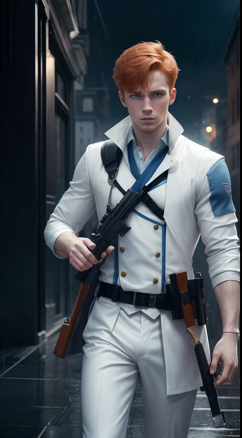 (A handsome 25 years old British male marksman), (short messy ginger hair), (pale skin), (wearing white and blue assassin outfit), (city at rain background), view from front, waist up shot, dynamic pose, ambient lighting, photo realism, intricate face detail, intricate hand details, highly detailed, vibrant colors, cinematic, high definition, trending on Artstation--style raw