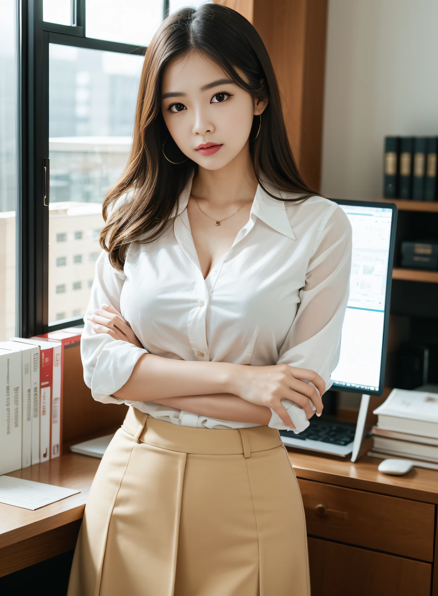 25 years old female, Soio, a secretary, stunningly beautiful, (top-quality、8K、32K、​masterpiece、nffsw:1.3)、超A high resolution,(Photorealsitic:1.4),Raw photography, Detailed face,,Beautiful hair, White shirt,((Secretarial style)), thicc body, tight skirts、 Natural makeup, Breast cleavage, Inside the office, Detailed background, Perfect Lighting, depth of fields, Beautiful shadow gradient, ,