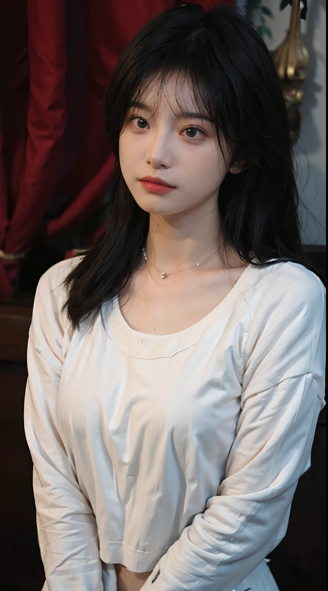 best qualtiy, 超高分辨率, (realisticlying:1.4),Baoyu Girl,1girll, Long straight hair,Looking into the distance,Cropped red sweater,a sense of atmosphere,Beautiful woman with a slim figure:1.4, Abs:1.4,,Ultra-fine face,Elaborate Eyes,二重まぶた,choker necklace
