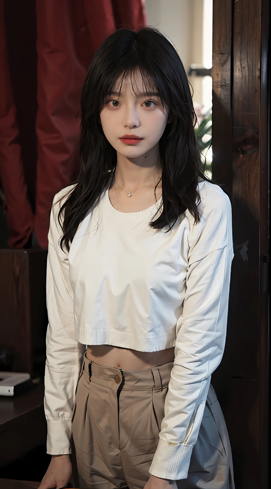 best qualtiy, 超高分辨率, (realisticlying:1.4),Baoyu Girl,1girll, Long straight hair,Looking into the distance,Cropped red sweater,a sense of atmosphere,Beautiful woman with a slim figure:1.4, Abs:1.4,,Ultra-fine face,Elaborate Eyes,二重まぶた,choker necklace